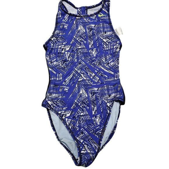 Nike Women's One Piece Swimsuit Size 4 Blue Zipper Back Mesh Side  & Back Panels - Picture 1 of 11